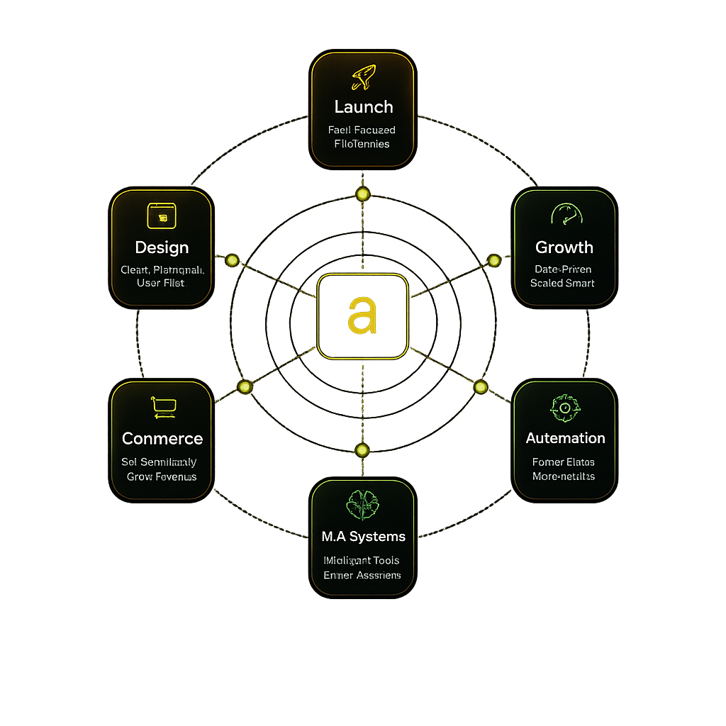 Ahmed service system covering launch, design, growth, automation, commerce and AI systems